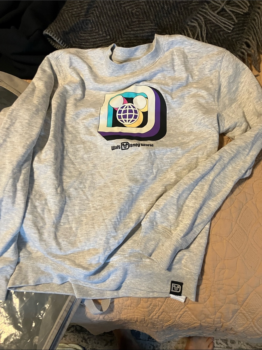 Disney Light Gray Crewneck Sweatshirt with Multicolor Retro Logo